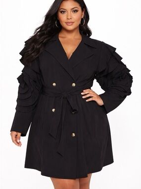 Christian Siriano Cassandra Black Ruffled Trench Coat with Gold Buttons size 2x
